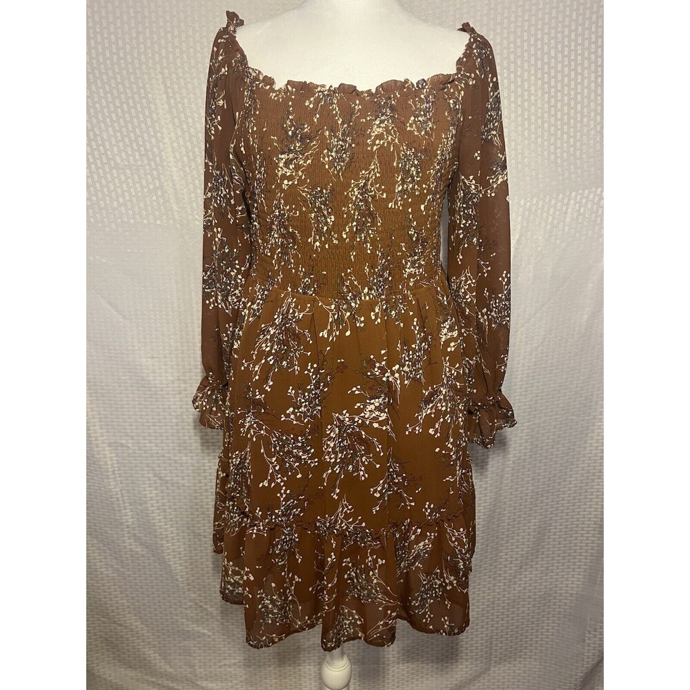 Anthropologie Promesa Smocked Baby Doll Dress Brown With Flowers L Boho Cottage - Picture 2 of 10